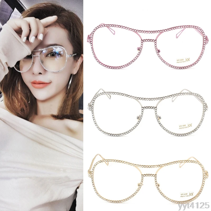 Новые очки Для женщин негабаритных металлический каркас прозрачные линзы со стразами очки ботаник очки Роскошные оптический зрелище очки