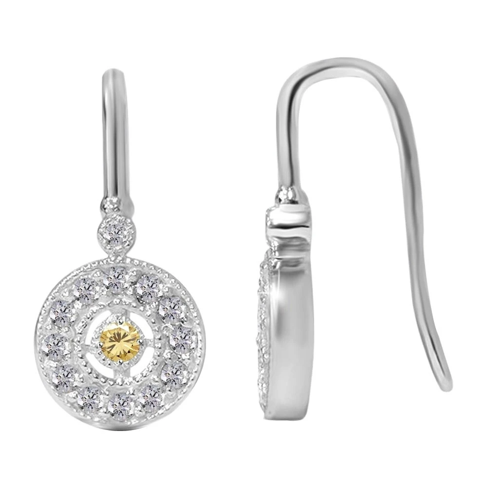 3.75 CT ROUND GOLDEN MOISSANITE 10K WHITE GOLD PAVE HALO DANGALE EARRINGS