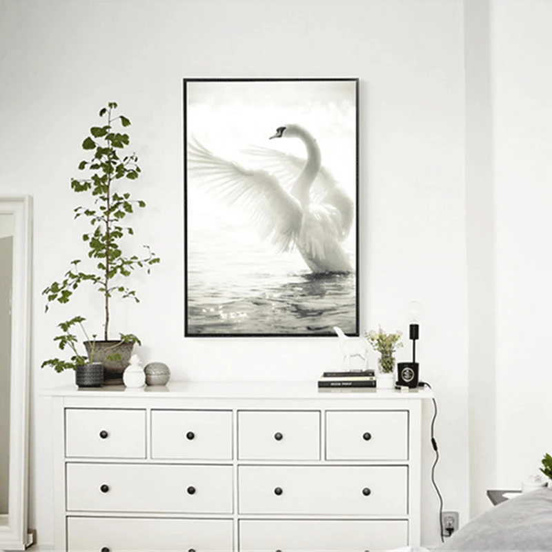 

HAOCHU Black and White Swan Poster Canvas Painting Frameless Romantic Wall Art Pictures for Living Room Quadros Decoration