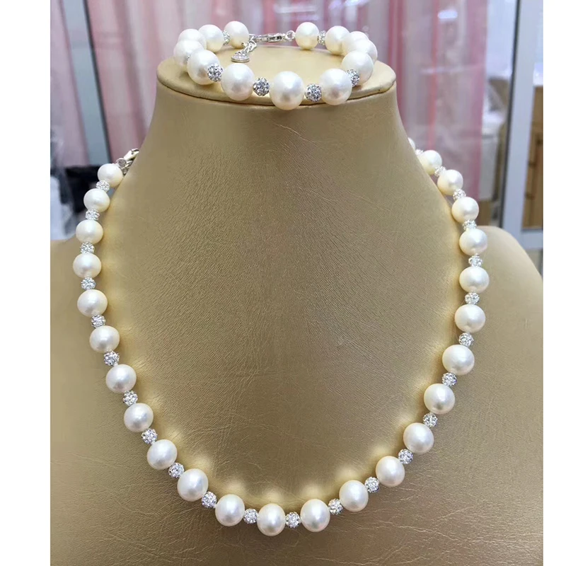 Fashion crystal freshwater pearls strands necklace bracelet fine jewewlry set for women Mom high luster pearl 9-10mm diameter (4)