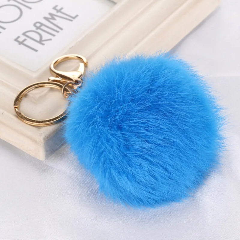 8 см, кролик мех мяч брелок золотые крючки для ключей роскошные подарки автомобильные сумки телефон фурнитура для брелоков для ключей украшения - Цвет: Blue