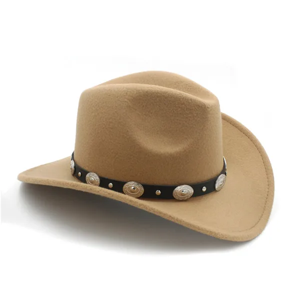 Винтажная шерстяная детская ковбойская шляпа для мальчиков и девочек с широкими полями, ковбойская джазовая Кепка с кожаной кепкой Toca Sombrero, 54 см - Цвет: Khaki