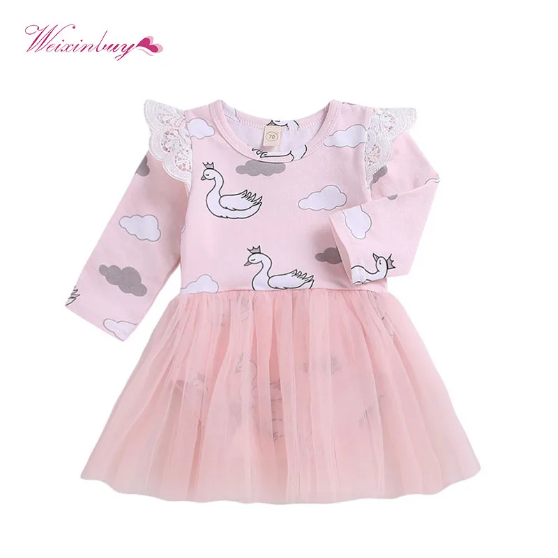 

Cute Newborn Infant Baby Girls Dress Long Sleeve Cartoon Swan Tulle Dress For Girls Party Birthday Baby Dress 2019 New