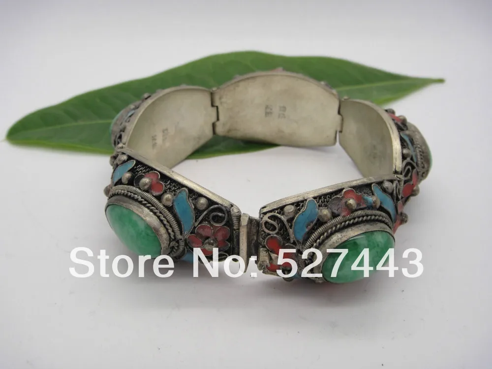 

Wholesale free shipping >> Collectible tibet Handwork inlay 5 green Jade Cloisonne Red Flower bracelet