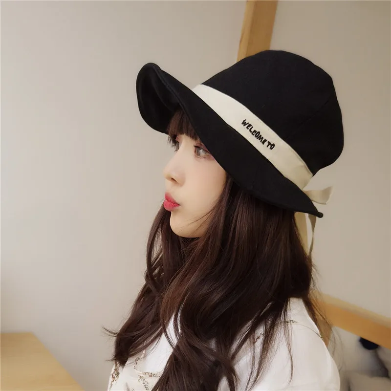 

Ladies Korean style bowknot big brim fisherman hat leisure Bucket hats joker sun hat women shade Pure color hat