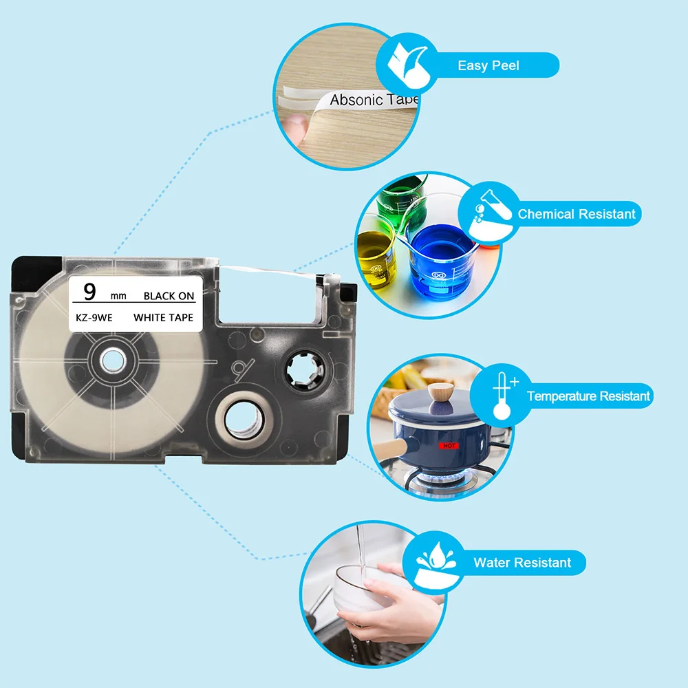 Absonic Label Tape XR-9WE 9mm*8m Compatible Casio KL-170/60 Printer Ribbon XR-9X XR-9WE XR-9RD XR-9BU XR-9YW XR-9GN Label Maker Absonic Label Tape XR-9WE 9mm*8m Compatible Casio KL-170/60 Printer Ribbon XR-9X XR-9WE XR-9RD XR-9BU XR-9YW XR-9GN Label Maker