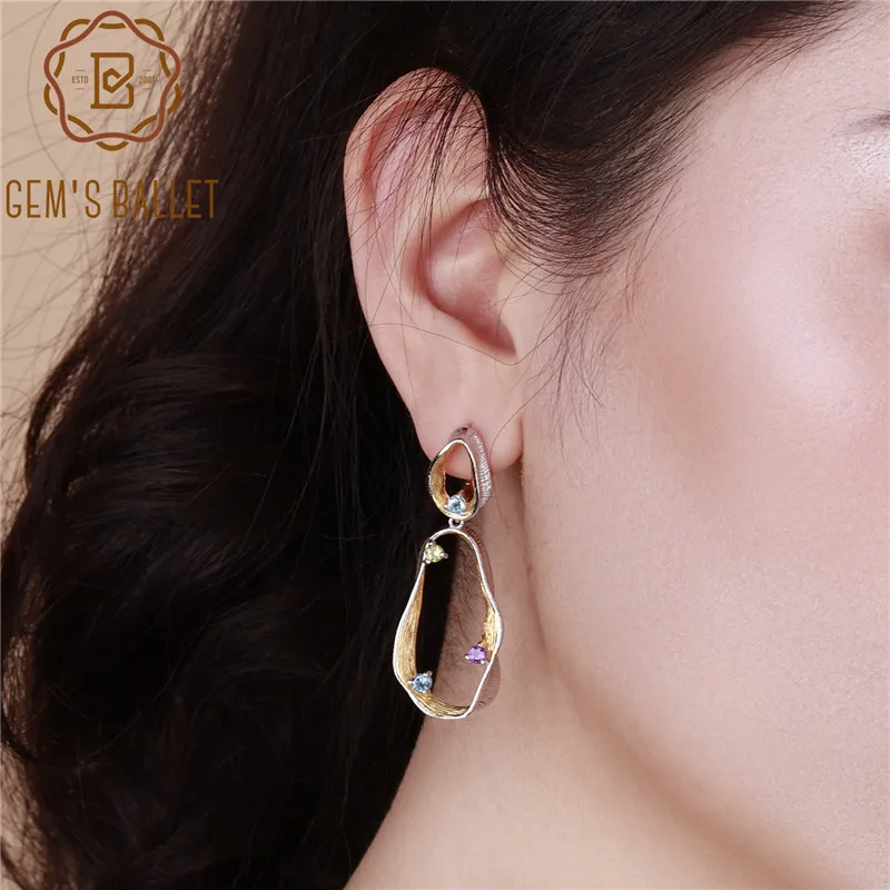 

GEM'S BALLET Natural Topaz Peridot Amethyst Gemstone Earrings 925 Sterling Silver Handmade Twist Drop Earrings for Women Jewelry