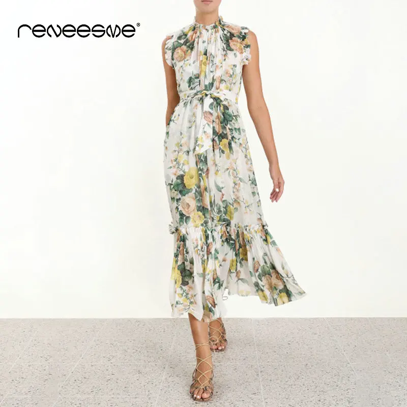 

summer women dress fashion style print A line pleated lace sashes mid-calf ladies dresses bohemain 2019 new sleeveless vestidos