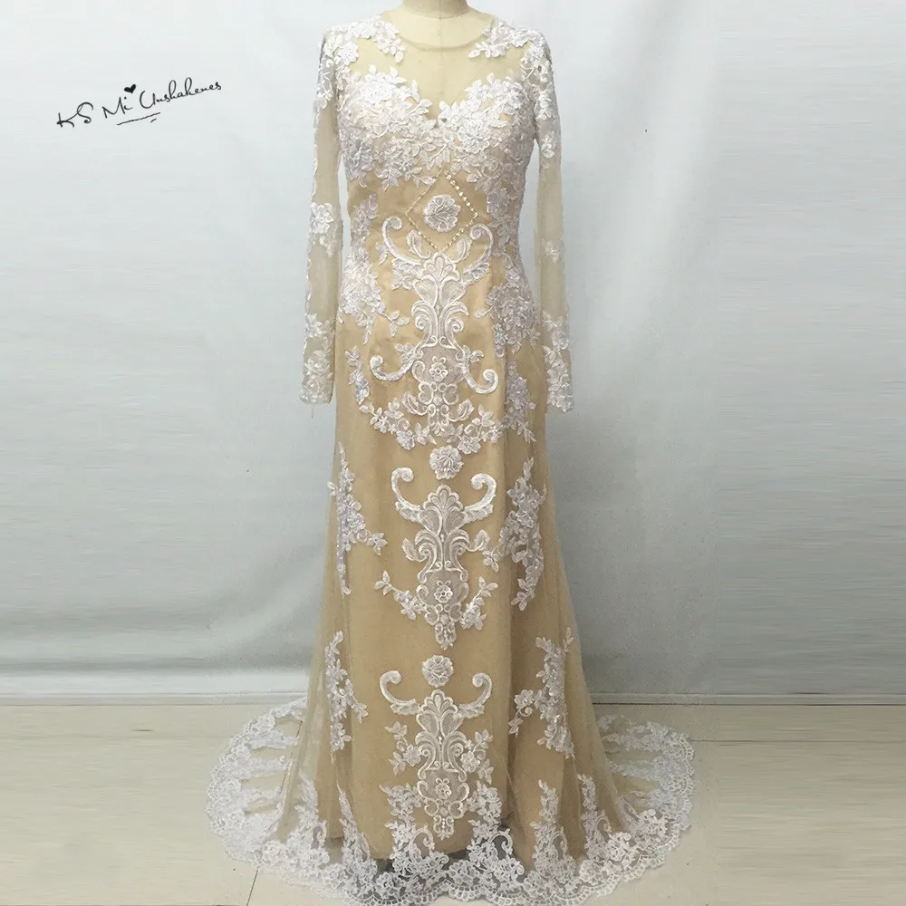 

New Arrival Winter Long Sleeve Evening Dress Lace Vestido Longo de Renda Mermaid Prom Dresses 2017 Champagne Women Formal Gowns