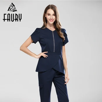

Female Medical Beauty Salon Slim Clothing Plastic Surgery Hospital Nurse Scrub Sets Dental Surgical Short Sleeve Tops Long Pants