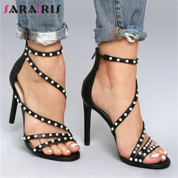 

SARAIRIS Luxury Brand Big Size 47 Sexy Pearls Women's Shoes Sandals Woman Prom Summer Party Thin High Heels Lady Shoes Woman