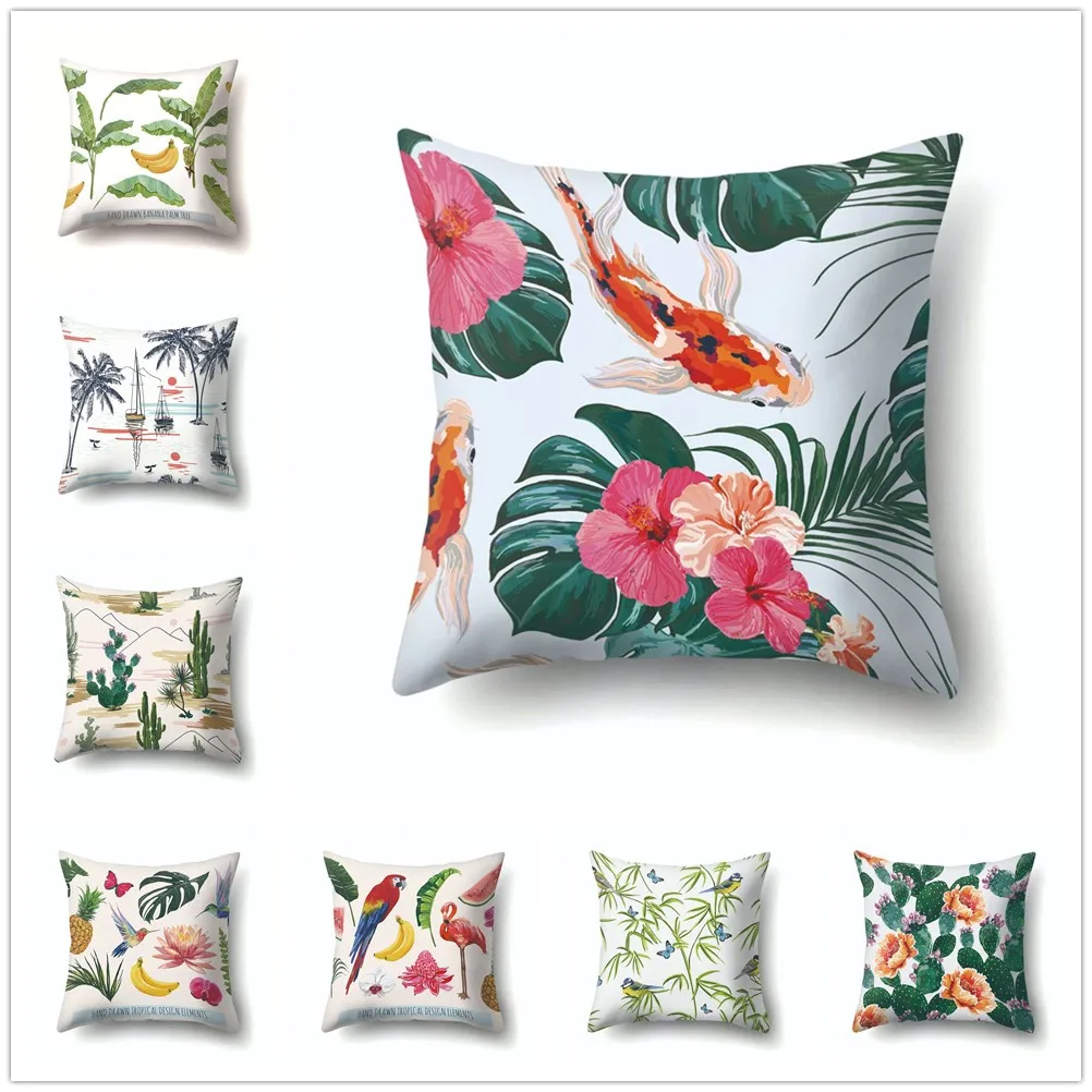 

Tropical Cushion Cover Trees Cactus Birds Parrot Print Decorative Pillowcase Home Fresh Decor for Sofa Car Seat Polyester Covers