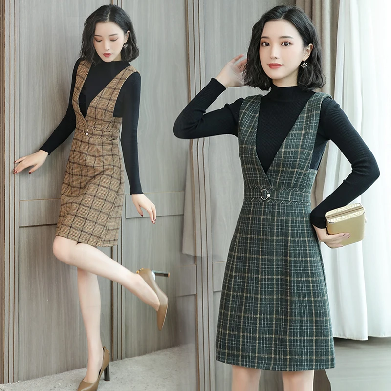 

Spring New Dress Women Vintage Sleeveless Lattice Woolen Vest Dress Female Autumn Sundress Camisole Plaid Dress