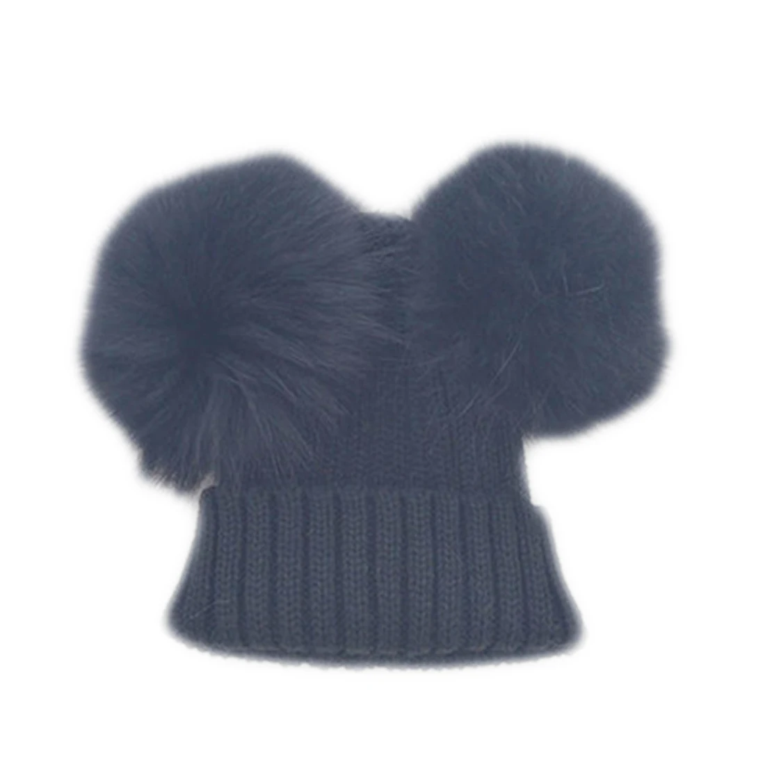 Горячая зимняя вязаная шапка с два меховых помпона из натурального меха, Шапка-бини, детские шапки двойной зимняя шапка из натурального меха с помпоном - Цвет: Черный