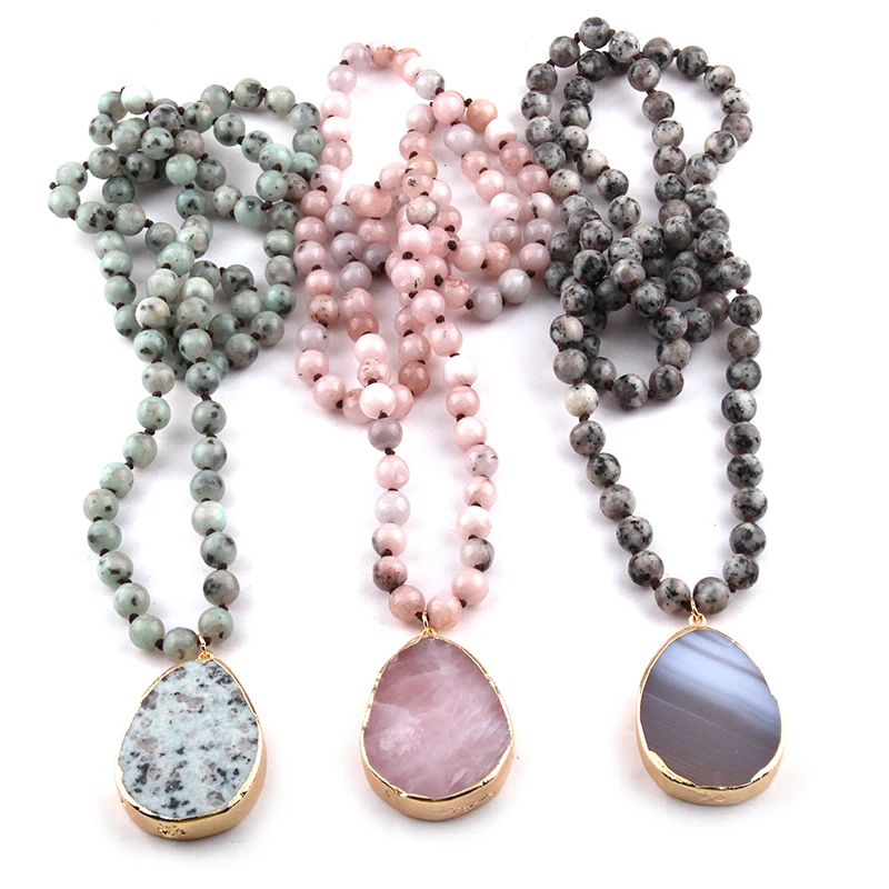 

Free Ship Fashion Bohemian Tribal Jewelry Semi Precious Stones Long Knotted Stone Drop Pendant Necklaces Women Ethnic Necklace