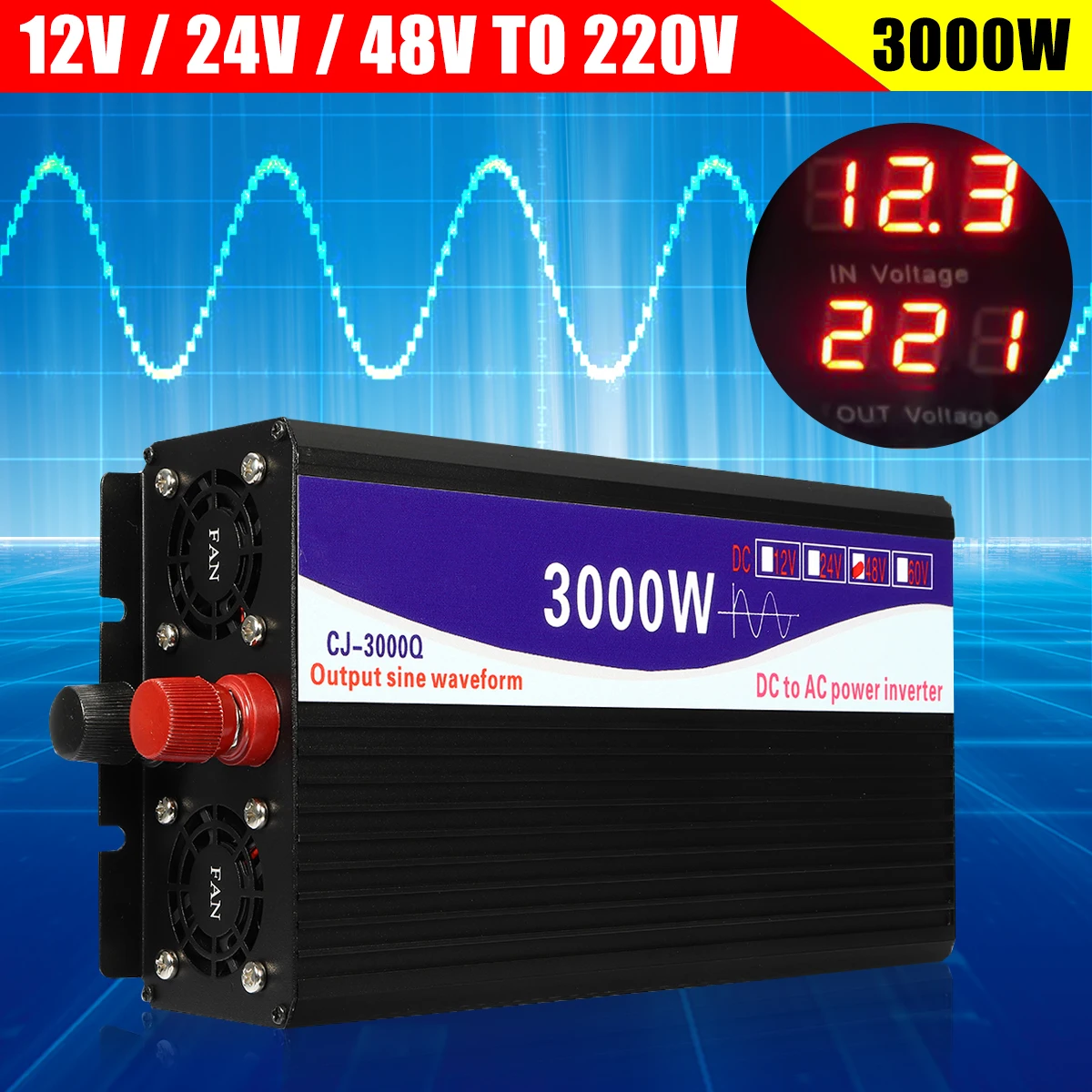 

Black 3000W Pure Sine Wave Inverter LED Digital Display 12V/24V to 220V 50HZ Transformer Power Supply
