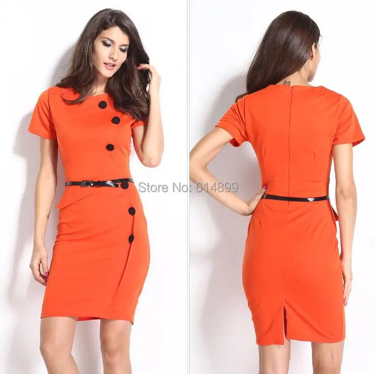 

Summer Ladies Knee Length office workwear dress Spring 6 Nail Button slim package hip fashion summer dress popular Pencil Dress