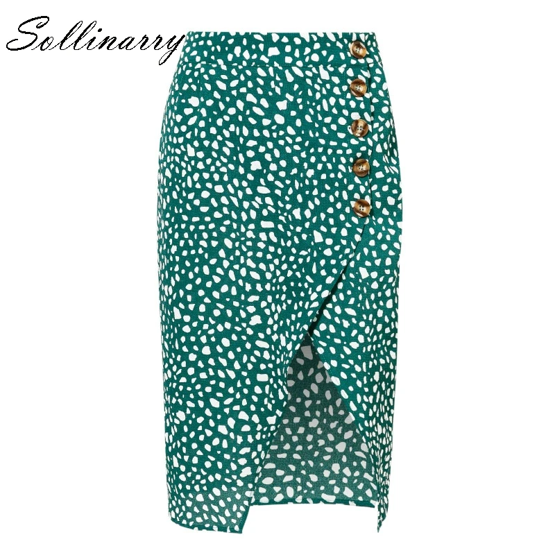 Sollinarry, женские юбки, осенняя сексуальная высокая талия, повседневная, леопардовая, на пуговицах, шикарная, офисная юбка, бохо, ассиметричная, зимняя, зеленая - Цвет: Зеленый