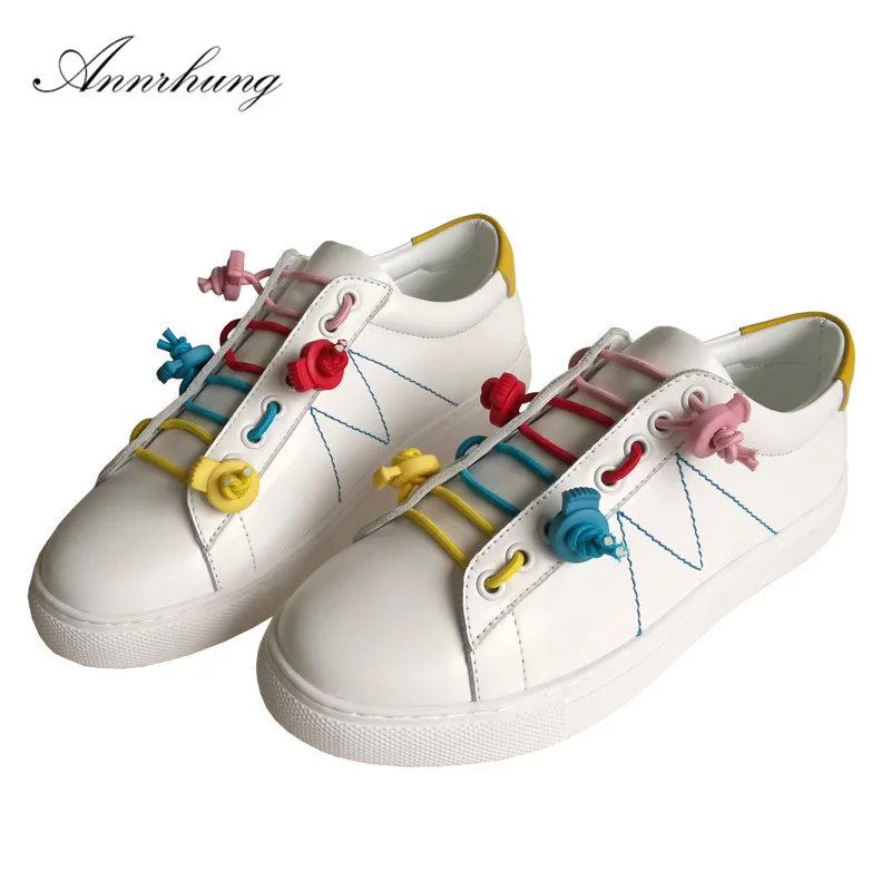 

Colourful Shoelace White Genuine Leather Loafers Women Round Toe Unique Button Decor Flats Comfort Casual Flat Shoes For Women