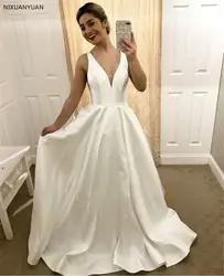 Простые белые сексуальные v-образным вырезом атласные свадебное платье с вырезом на спине линия 2019 развертки поезд Элегантное свадебное