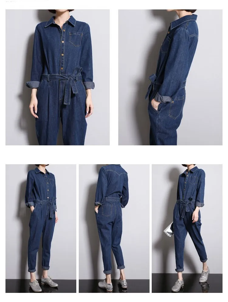 Sokotoo Женские повседневные свободные джинсовые комбинезоны с длинным рукавом, женские модные синие комбинезоны с поясом