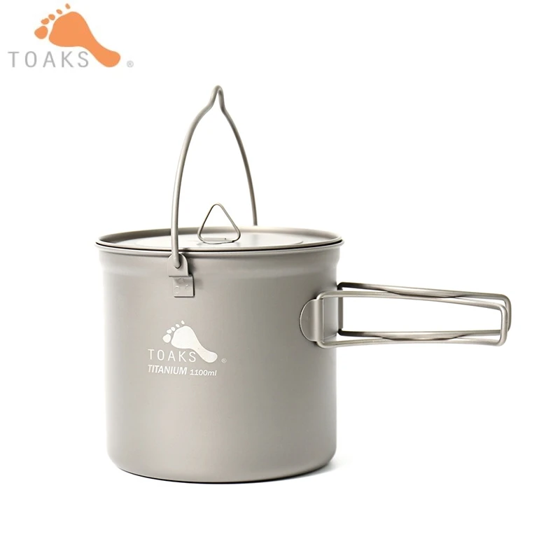 

TOAKS Outdoor Titanium Camping Cookware Pot with Travel Mesh Bag Campfire Cooking Hang Pot for Camping Picnic POT-1100-BH 1100ml