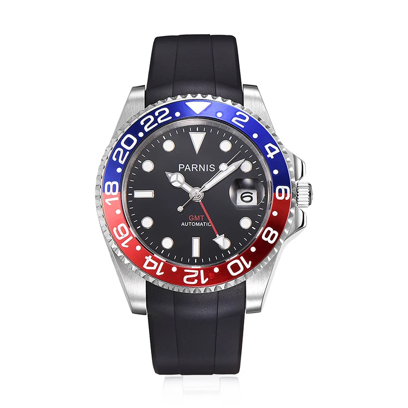 Parnis 40 мм механические часы GMT сапфировое стекло дайвер часы Автоматические relogio masculino роль роскошные часы для мужчин - Цвет: rubber  blue red