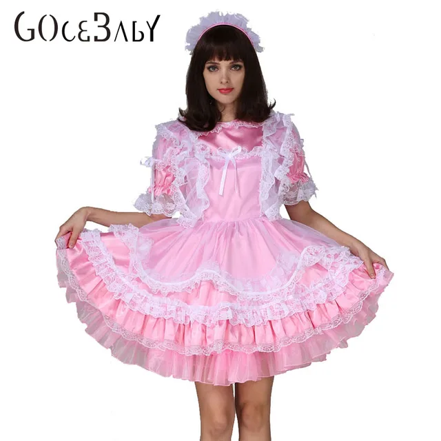 Adult Baby Sissy Boy Maid Satin Lockable Puffy Dress Costume Crossdress ...