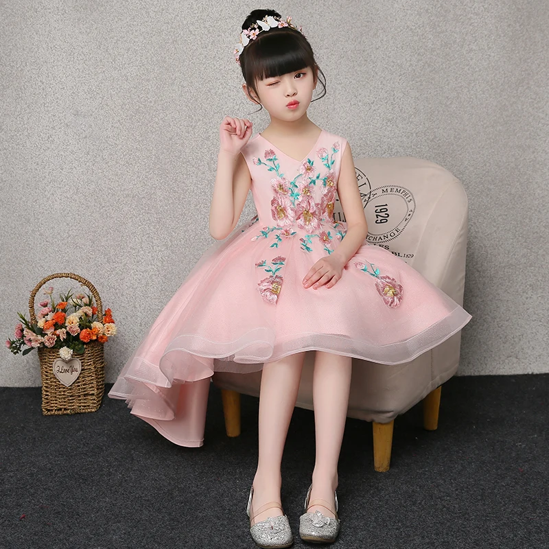 Short Front Long Back Princess Dress V-neck Embroidery Ball Gown First Communion Gowns Tulle Girl's Summer Floral Dress E264 Short Front Long Back Princess Dress V-neck Embroidery Ball Gown First Communion Gowns Tulle Girl's Summer Floral Dress E264