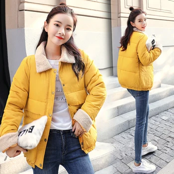 

2019 Winter New Cotton Jacket Lapel Faux Wool Hair Fashion Short Coat Female Thick Section Casual Large Size Cotton Coat B130