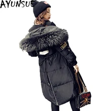 Новинка, черный женский зимний длинный пуховик с натуральным большим меховым воротником, женское теплое пуховое пальто с капюшоном, парка ST543