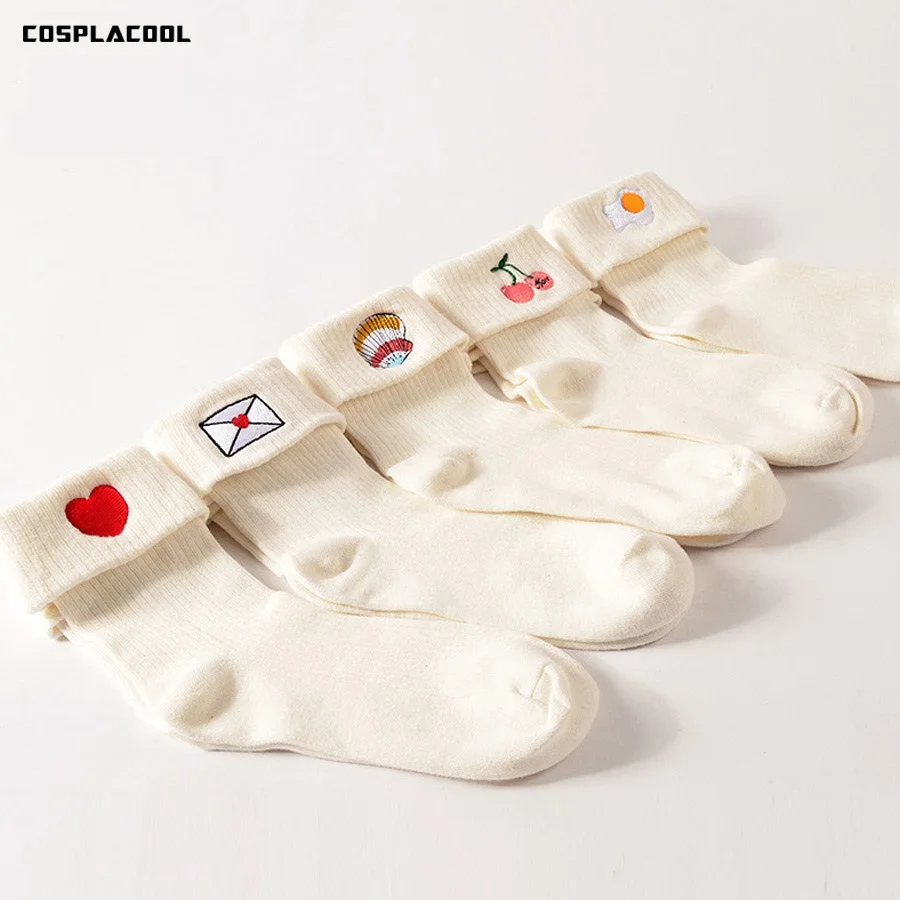 [COSPLACOOL] белые цветные женские носки с вышивкой в виде сердца и яйца|chaussette femme|art