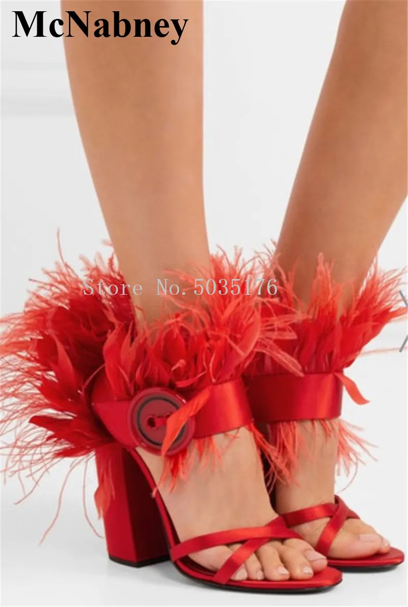 

2019 European Newest Fashion Sweet Solid Feather Peep Toe Ankle Strap Buckle Women Sandals High Heel Hoof Heel Dress Women Shoes