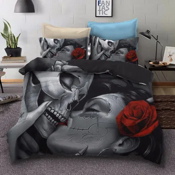 

3D Skull Duvet Cover Sets with Pillowcase,Skull Kiss Rose Beauty Tears Bedding Set,Home Decoration US and AU Size Bedclothes