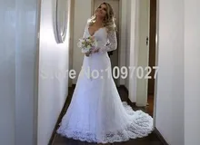 Sexy Deep V Neck Long Sleeve White Lace Wedding Dress Sweep Train Country Western Vestido De Sirena Bride Dress With Bow AS83