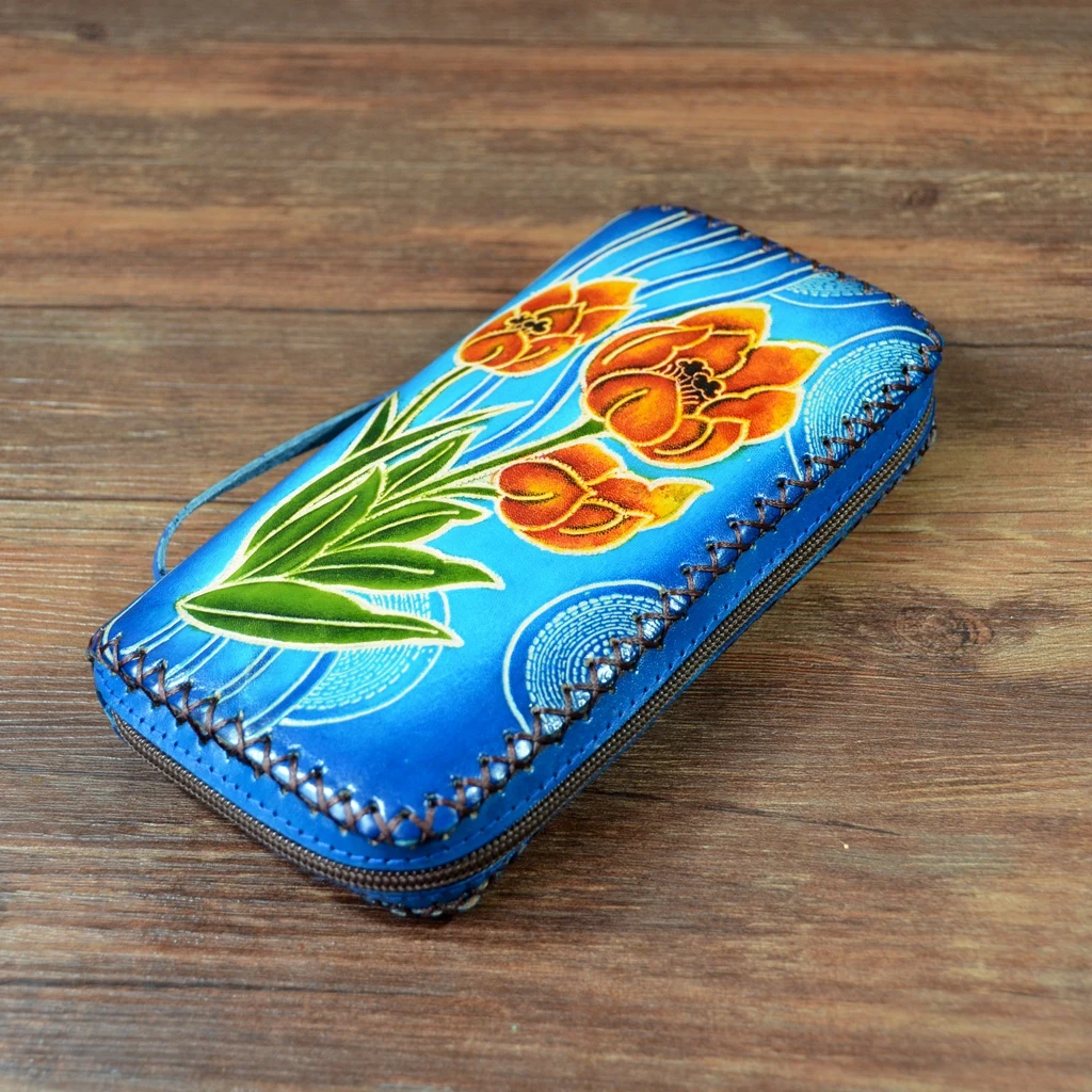 Женский кошелек из натуральной кожи ручной работы Длинный кошелек на молнии сумка с рисунком - Цвет: blue