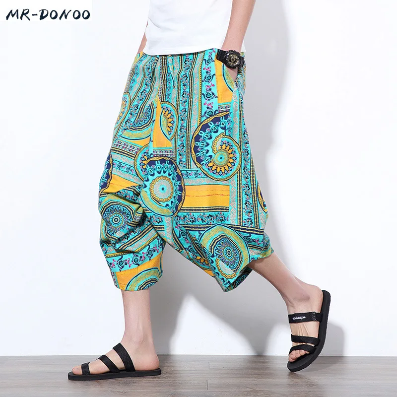 

MRDONOO 2018 Summer Chinese style Men Loose Linen Shorts Knee Length Harem Pants Male Bermuda Casual Board Short Pants M-5XL