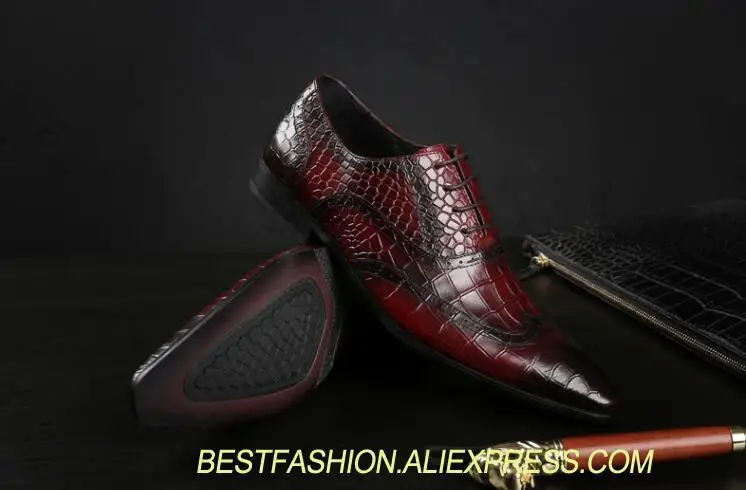 

Dress shoes men genuine leather pointed toes lace up mix colour red wedding shoes stone pattern smart casual derby shoe