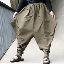 Мужские брюки в японском стиле самурая, повседневные свободные льняные шаровары с заниженным шаговым швом в стиле бохо, мешковатые штаны хакама 102403