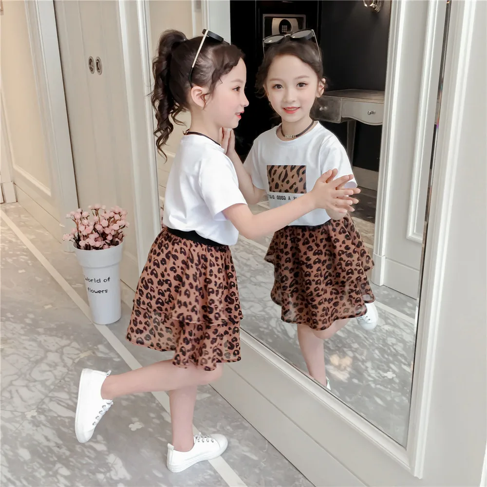 Fashion Children Clothing Set For Girls Clothes 2019 Summer Letter Tshirts Tops Leopard Chiffon Skirt 2Pcs Casual Kids Suit 3-9Y (12)