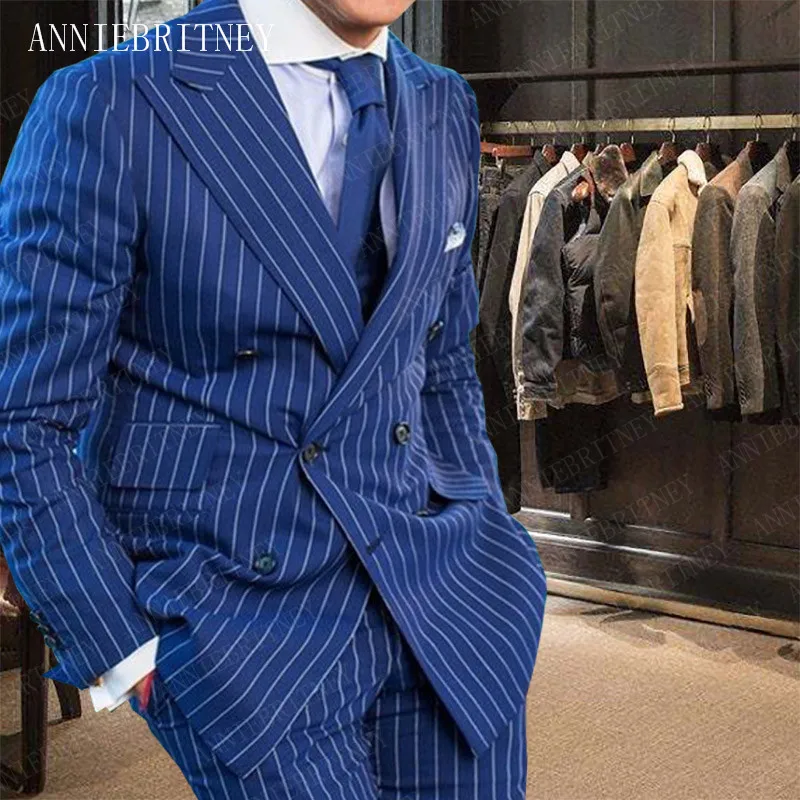 

ANNIEBRITNEY Blue Suits Men 2019 Stripe Mens Suits with Pants Set Slim Fit Formal Wedding Suit for Men Tuxedo Casual Blazer