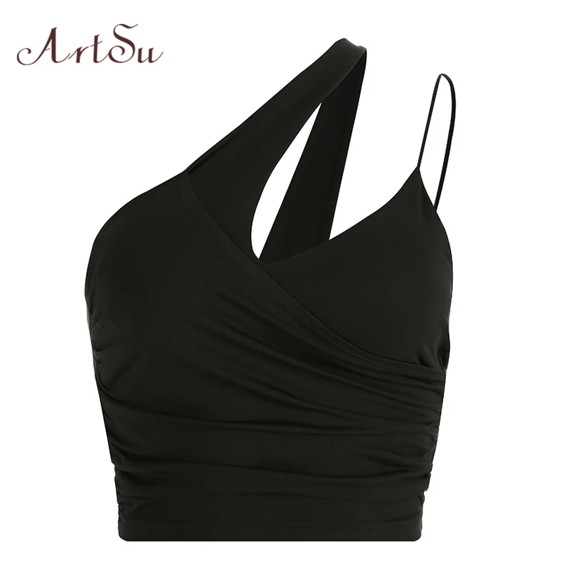 

ArtSu 2019 Sexy Black Crop Top Off Shoulder Tank Tops Women Summer Sleeveless Backless Cami Top Streetwear Fashion Top ASVE20488