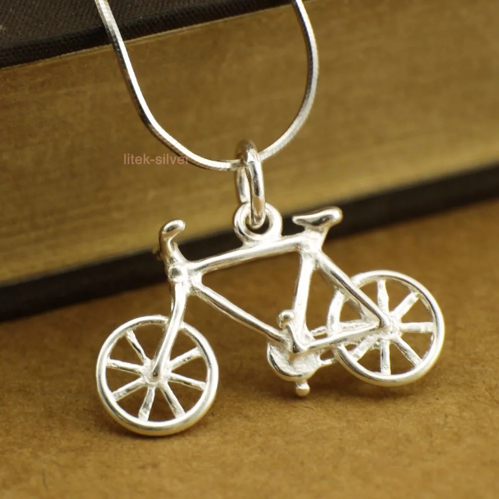 925 Sterling Silver Bike Bicycle Sport Charm Pendant Necklace A2421in