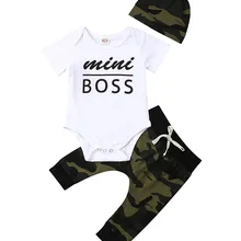 Одежда для малышей комплекты одежды для мальчиков короткий рукав письмо мини комбинезон босс+ камуфляжные штаны+ повязка на голову для маленьких мальчиков, комплекты комплект из 3 предметов