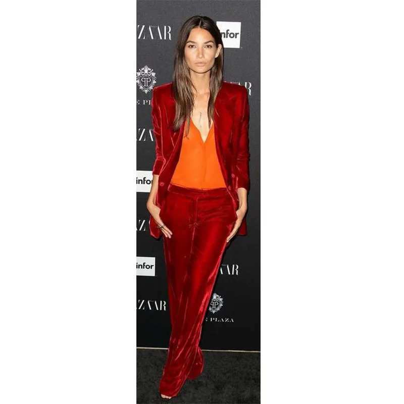 New Formal Red 2 Piece Set Women Business Suits Velvet Suits Women's