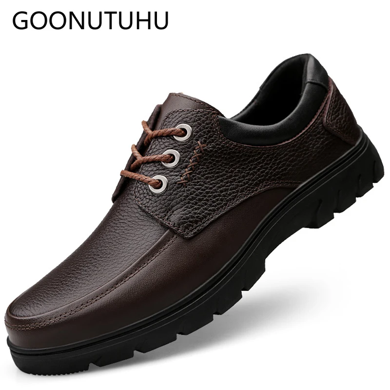 

2019 new spring men's shoes casual genuine leather cow lace up shoe man classic brown black waterproof shoes for men big size 46