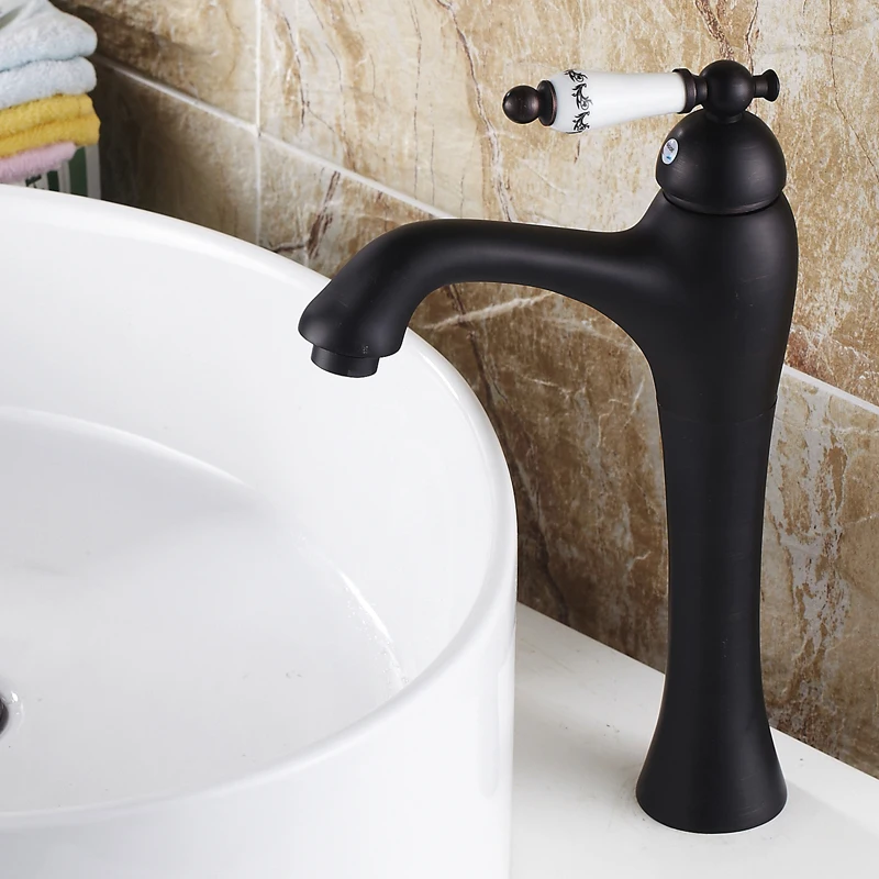 

White Ceramic Handle Single Hole ORB High End Faucet Black Basin Mixer Bathroom Vessel Sink Faucet Vanity Crane Basin Mixer Tap