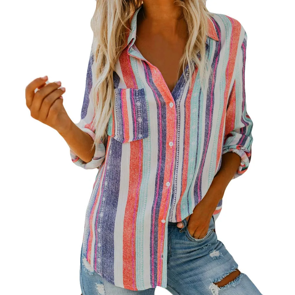 

2018 newest women cothing Autumn Long Sleeve pocket mixed colors vertical Stripe Print Fashion Bllouse blouse chiffon