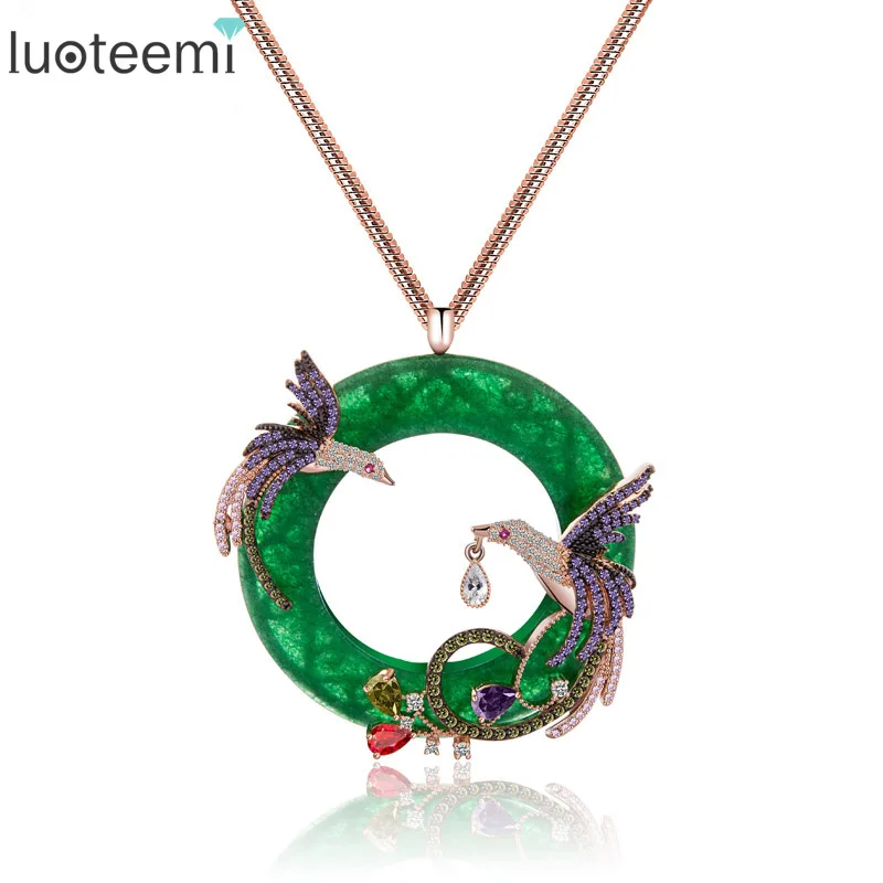 LUOTEEMI New Design Atmosphere Elegant Big Round CZ Pendant with Mirco 2pcs Multi Phoenix Zircon Jewelry Rose&White Gold Color