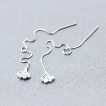 

925 Sterling Silver Ginkgo Biloba Pendant Drop Dangle Earrings for Women Artistic Korean Style Leaf Ear Line Jewelry Accessories